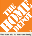 Home Depot logo, the words "THE HOME DEPOT" in white Stencil text, diagonally set in an orange box.