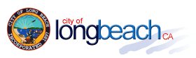 Logo consisting of a circle or words around an image of the beach and the words "city of" in red above the words "long beach" in black and blue, respectively and "CA" in red.