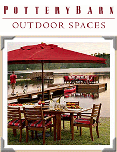Pottery Barn logo and the word "Outdoor Spaces", with a picture of a grouping of wooden outdoor furniture