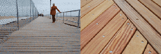 Two photos: on the left is a woman, dressed in a red jacket, walking on a pier, with boards in the foreground and chain-link fencing on the left; to the right is a close-up of wooden planks with a yellow-orange tone