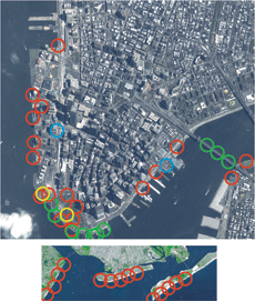 Satellite image of lower Manhattan and western Brooklyn, with colored circles.